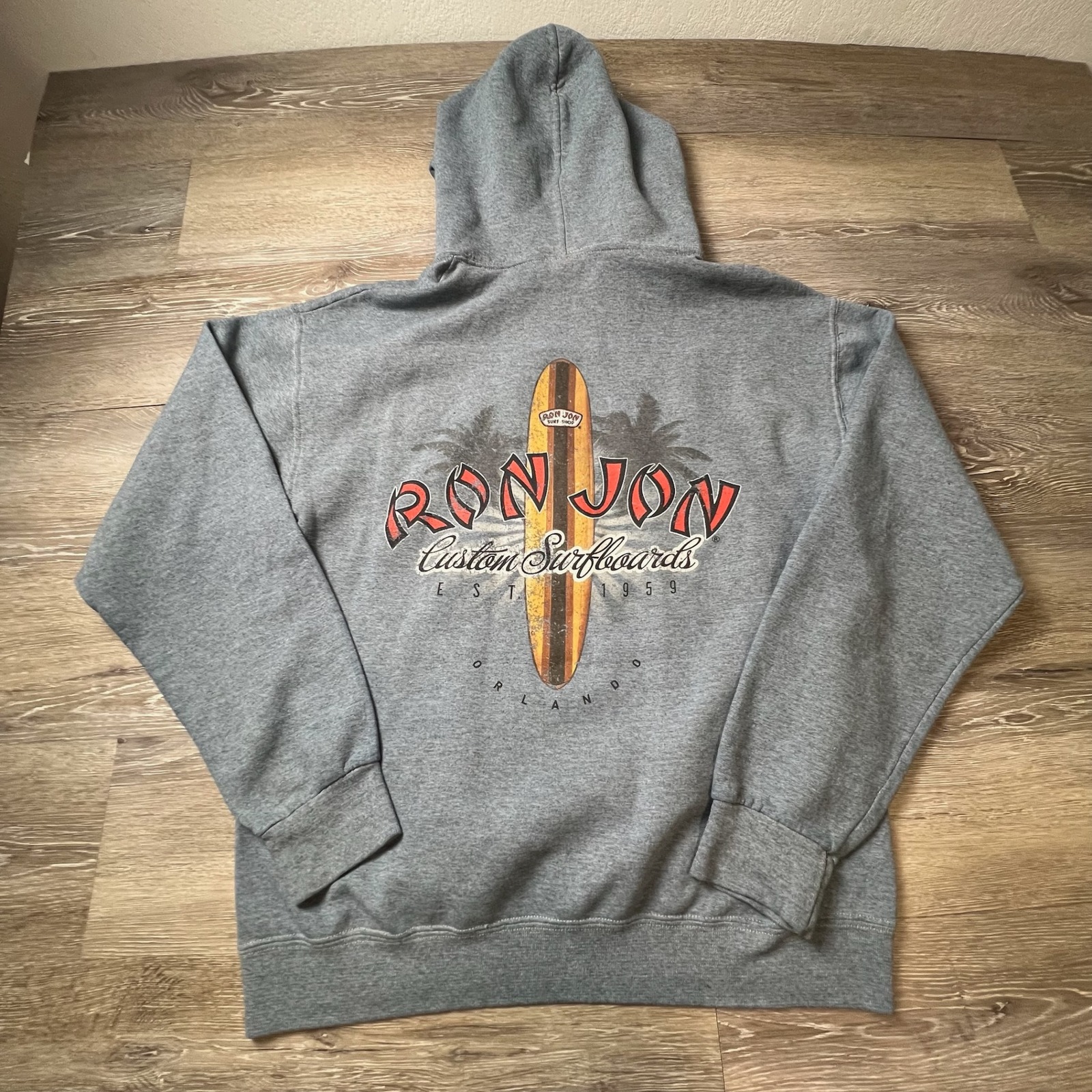 Ron Jon Surf Shop Hoodie Mens Medium Gray Orlando Surfboard Graphic Pullover